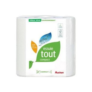 Auchan essuie-tout compact ouate 100% recyclée x2 rouleaux