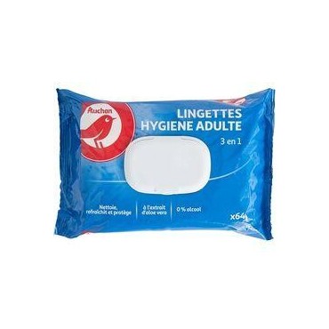 AUCHAN Lingettes hypoallergénique hygiène adulte 3en1 64 lingettes