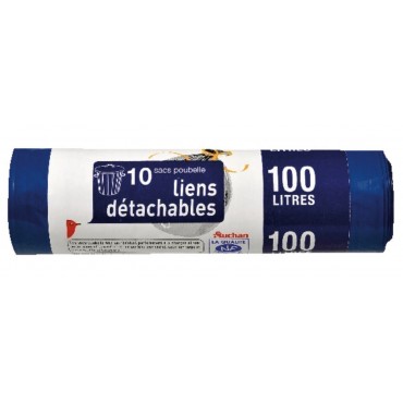 Auchan sacs poubelle liens détachables 100 litres x10