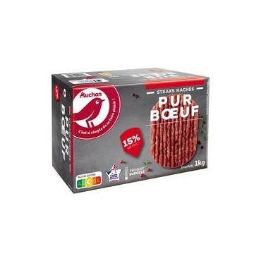 AUCHAN Steaks hachés 100% pur bœuf 15% MG 10 pièces 1kg